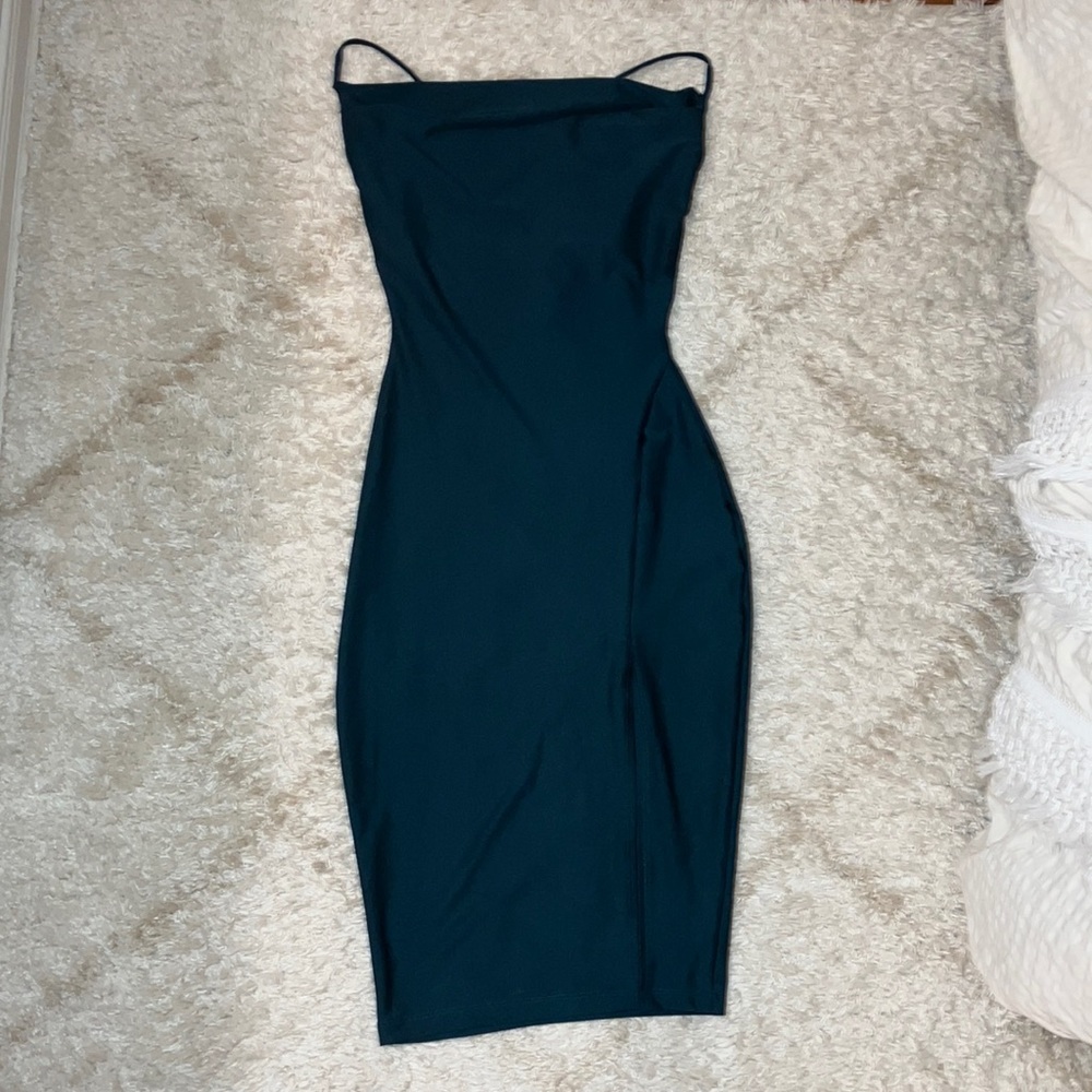 EMERALD GREEN SIZE SMALL COWL NECK MINI DRESS BODYCON CRISS CROSS STRAP COCKTAIL